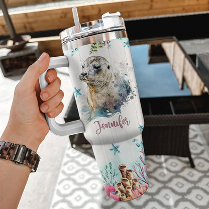 Seal Ocean Lover Tumbler 40oz – Personalized Stainless Steel Insulated Cup with Handle & Straw, Watercolor Marine Animal Design – Heartfelt Gift for Women & Girls