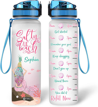 Salty Lil’ Beach Mermaid Water Bottle Tracker 32oz – Personalized Hydration Bottle with Time Marker – Fun Gift for Mermaid Lovers