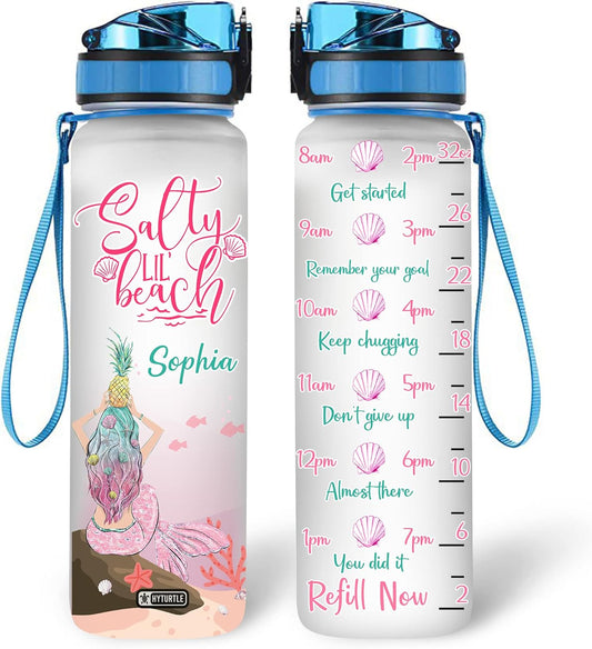 Salty Lil’ Beach Mermaid Water Bottle Tracker 32oz – Personalized Hydration Bottle with Time Marker – Fun Gift for Mermaid Lovers