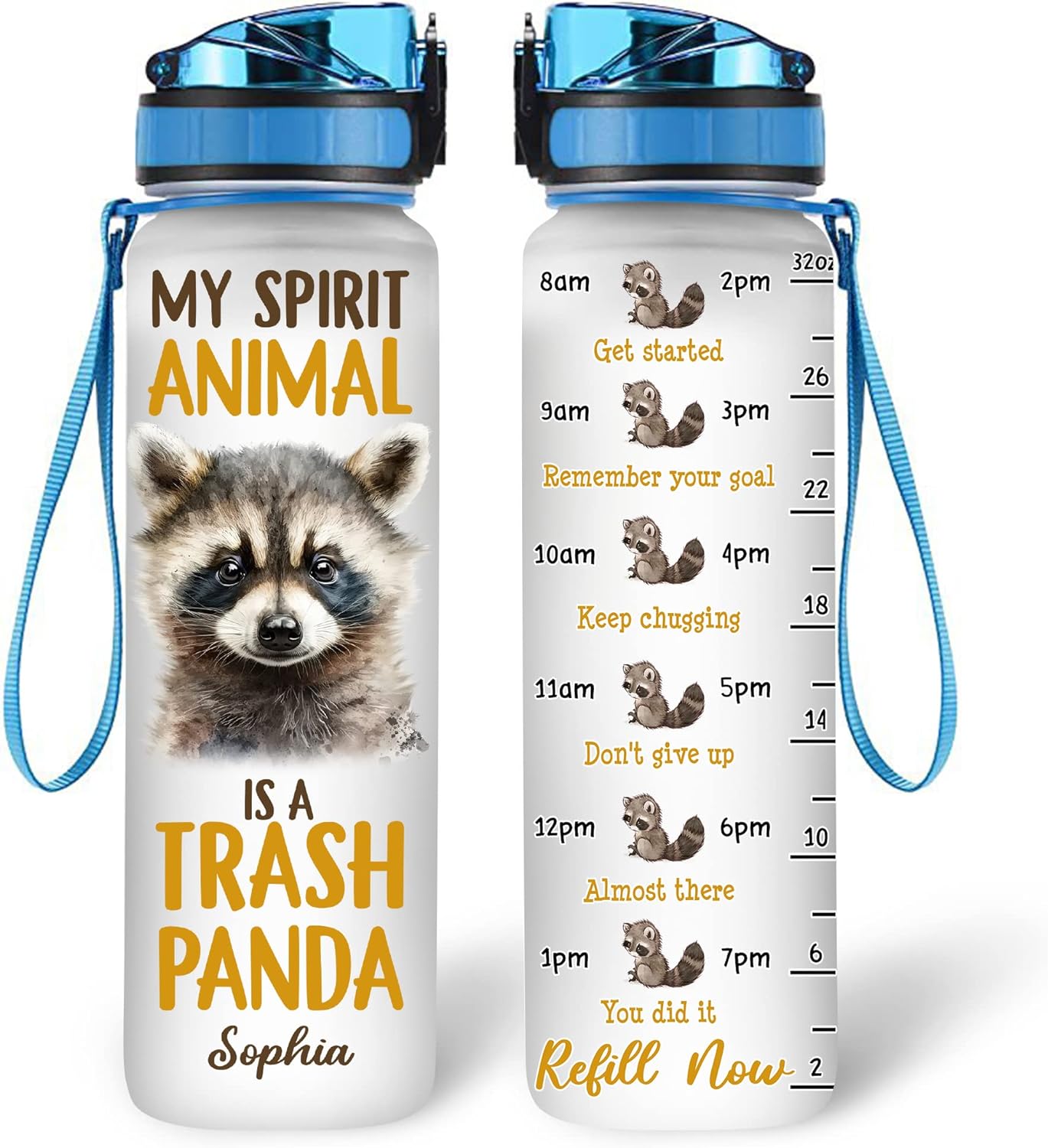 Raccoon Water Bottle Tracker 32oz Personalized – My Spirit Animal Trash Panda Hydration Bottle with Time Marker – Funny Gift for Raccoon Fans