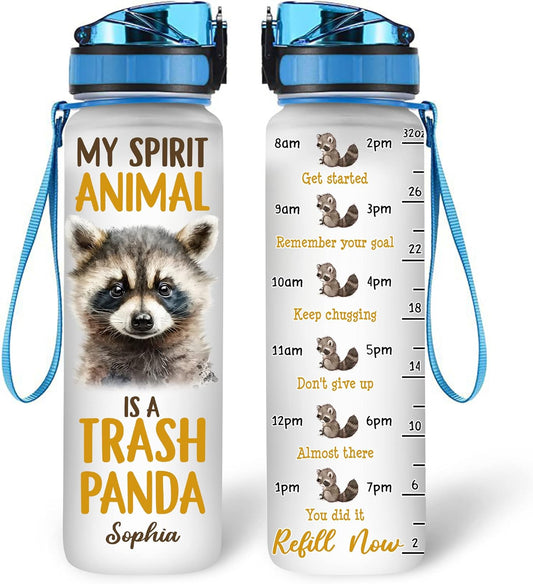 Raccoon Water Bottle Tracker 32oz Personalized – My Spirit Animal Trash Panda Hydration Bottle with Time Marker – Funny Gift for Raccoon Fans