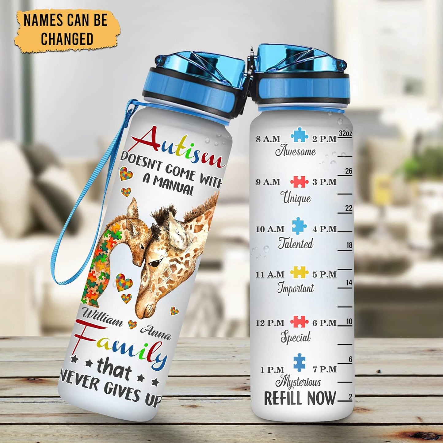 Autism Awareness Giraffe Water Bottle Tracker 32oz – Personalized Hydration Bottle with Time Marker – Inspirational Gift