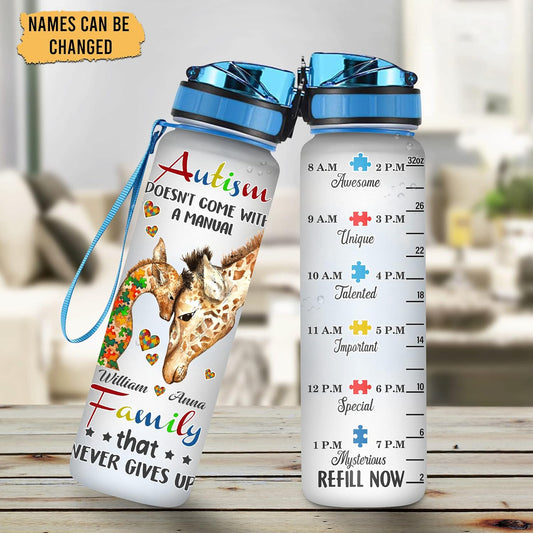 Autism Awareness Giraffe Water Bottle Tracker 32oz – Personalized Hydration Bottle with Time Marker – Inspirational Gift