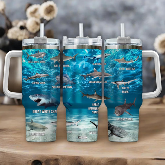 Shark Lover Tumbler 40oz with Handle & Straw – Personalized Stainless Steel Insulated Travel Cup with Lid – Sea Adventure Gift for Men & Kids