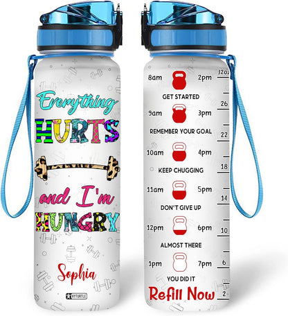 Funny Gym Quote Water Bottle Tracker 32oz – Personalized Motivational Bottle with Time Marker – Creative Fitness Gift for Women