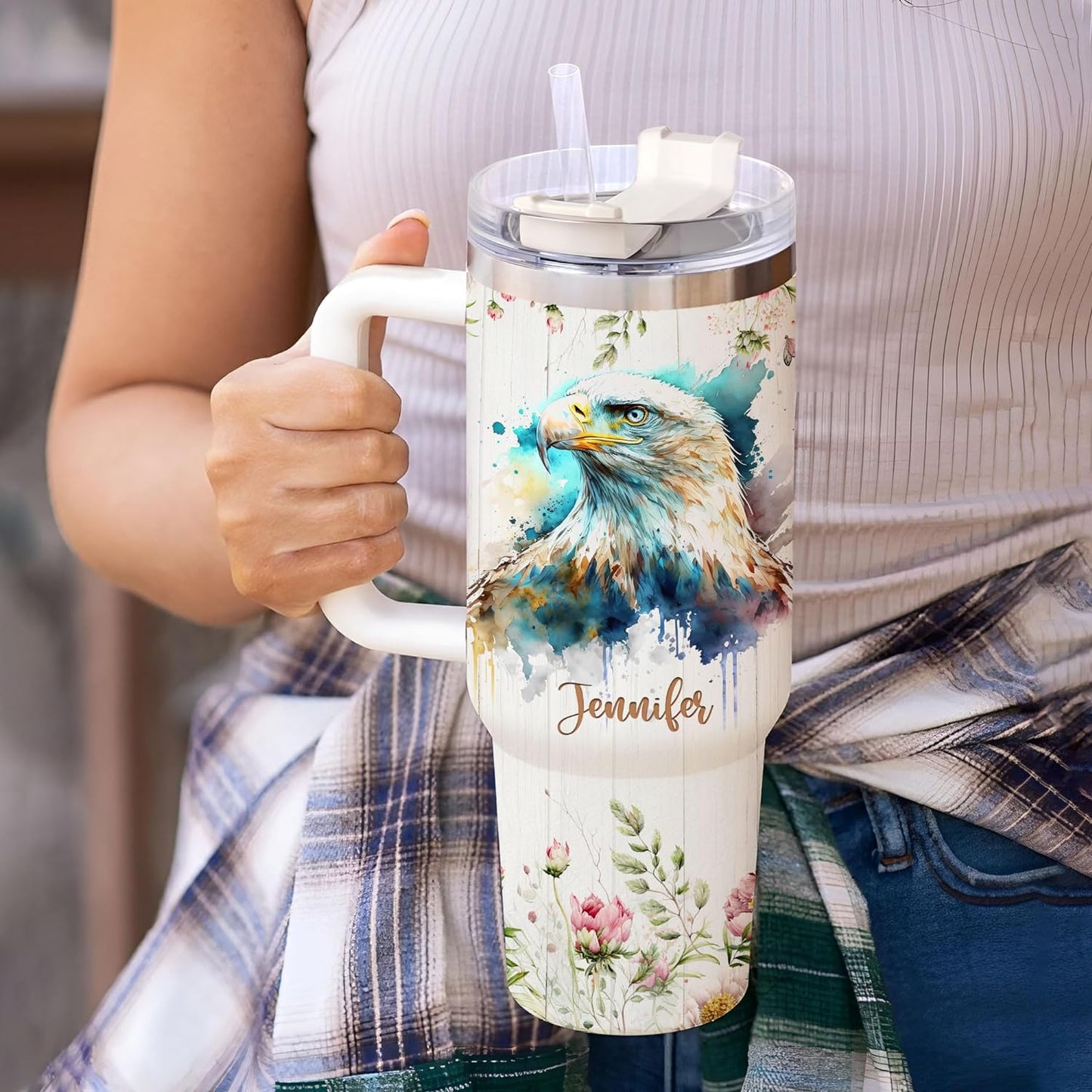 Eagle Tumbler 40oz – Personalized Stainless Steel Insulated Travel Cup with Handle & Straw – Majestic Bird Coffee Mug Gift for Nature Lovers