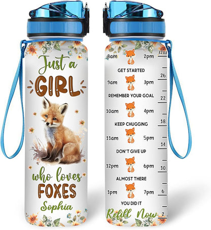 Fox Cub Lovers Water Bottle Tracker 32oz – Personalized Motivational Bottle with Time Marker – Unique Gift for Girls and Women