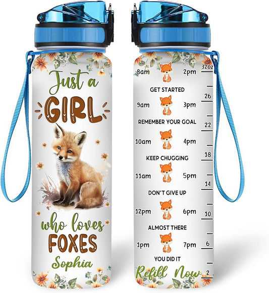 Fox Cub Lovers Water Bottle Tracker 32oz – Personalized Motivational Bottle with Time Marker – Unique Gift for Girls and Women