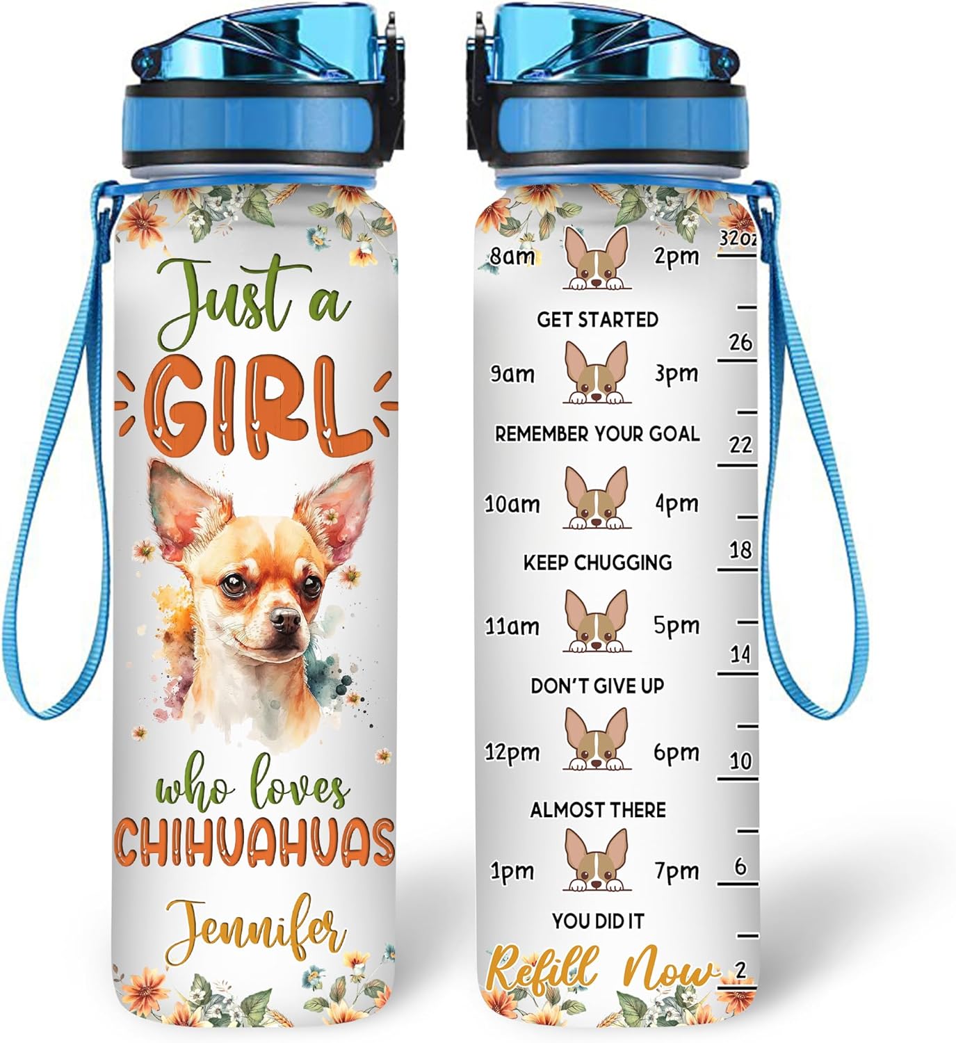 Chihuahua Dog Lovers Water Bottle Tracker 32oz – Personalized Hydration Bottle with Time Marker – Unique Gift for Pet Lovers