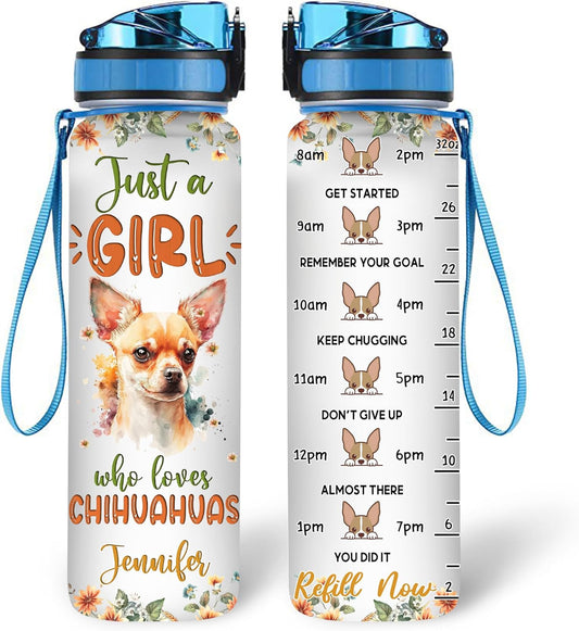 Chihuahua Dog Lovers Water Bottle Tracker 32oz – Personalized Hydration Bottle with Time Marker – Unique Gift for Pet Lovers