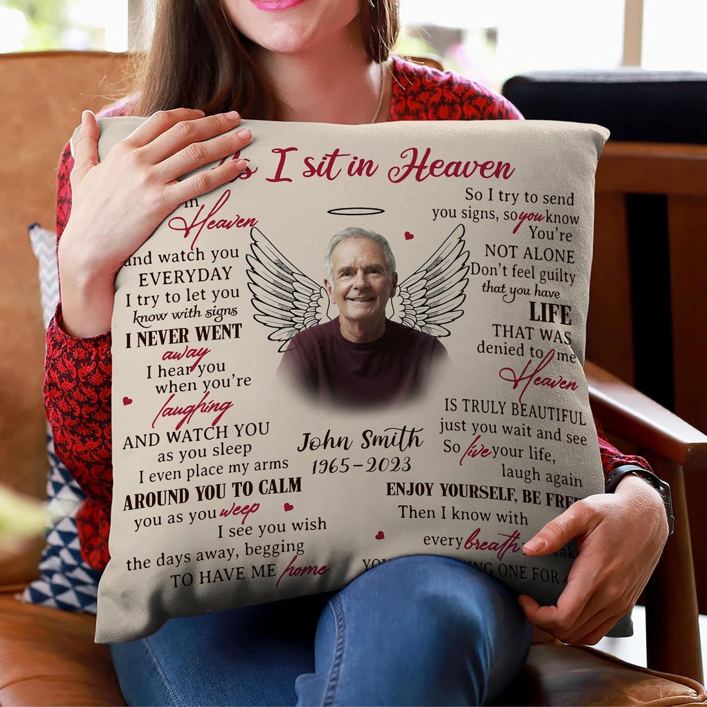Personalized “As I Sit in Heaven” Memorial Pillow with Insert – Custom Photo Remembrance Gift – Sympathy Throw Pillow for Healing Comfort