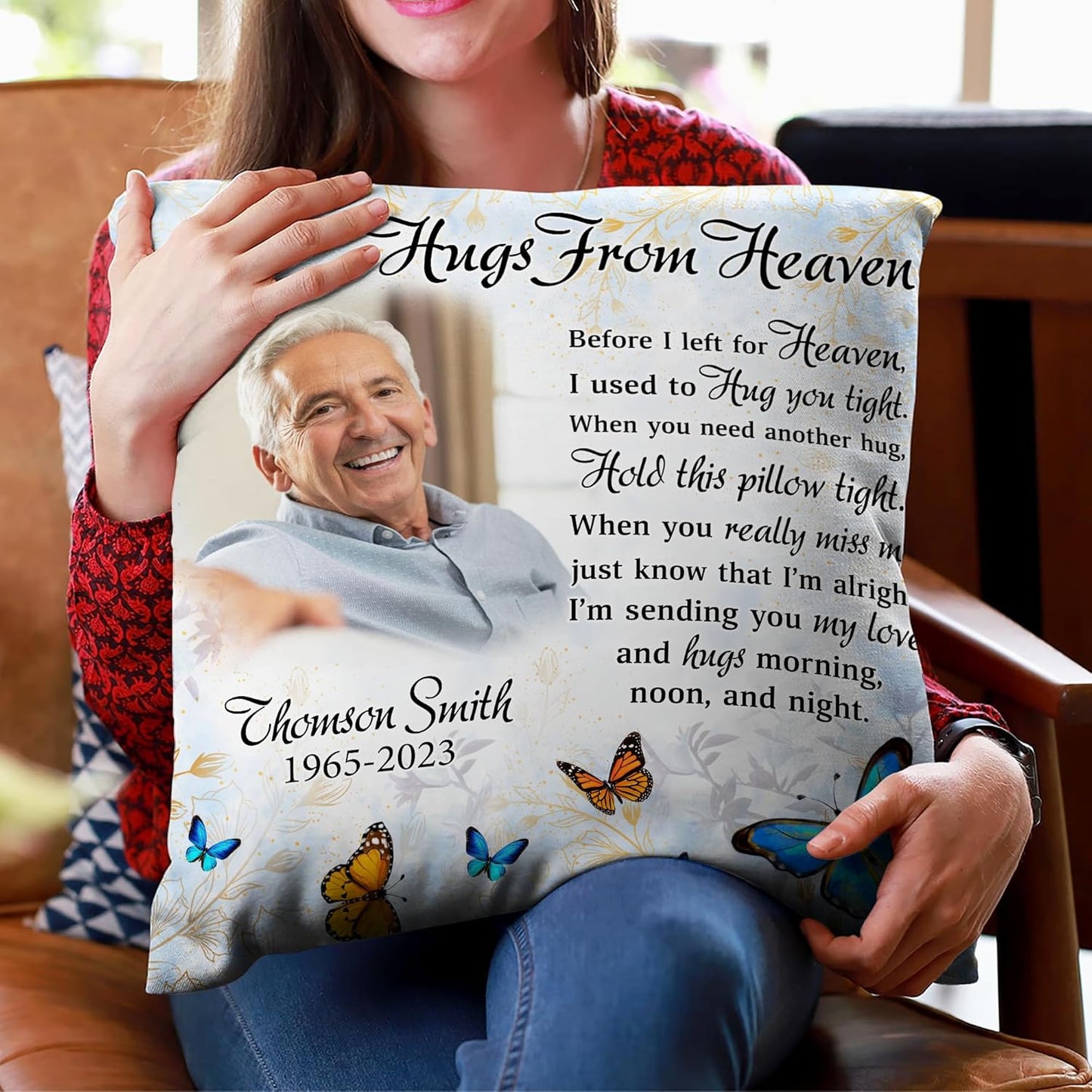 Personalized “Hugs from Heaven” Memorial Pillow with Insert – Custom Photo Remembrance Gift – Bereavement Throw Pillow