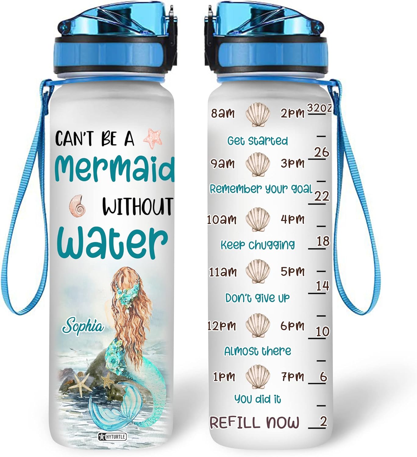 Mermaid Theme Water Bottle Tracker 32oz – Personalized Motivational Bottle with Time Marker – Creative Gift for Mermaid Lovers