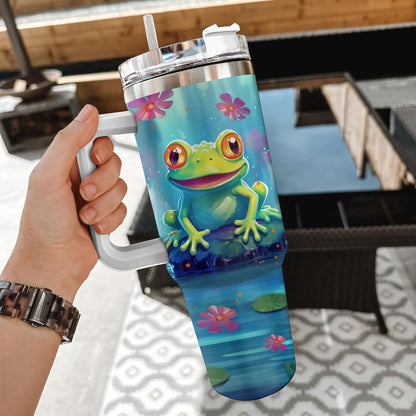 Frog Lover Tumbler 40oz with Handle & Straw – Personalized Stainless Steel Insulated Travel Cup with Lid – Cute Gift for Animal Lovers & Kids