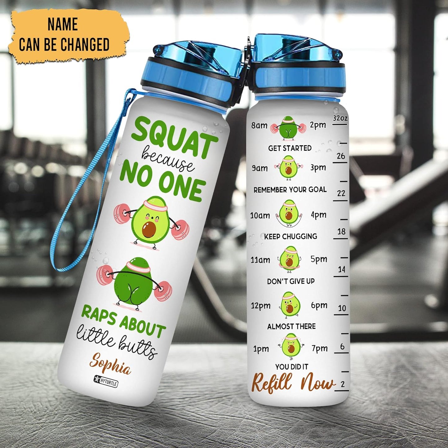 Funny Avocado Fitness Water Bottle Tracker 32oz – Personalized Motivational Bottle with Time Marker – Creative Gift for Gym Lovers