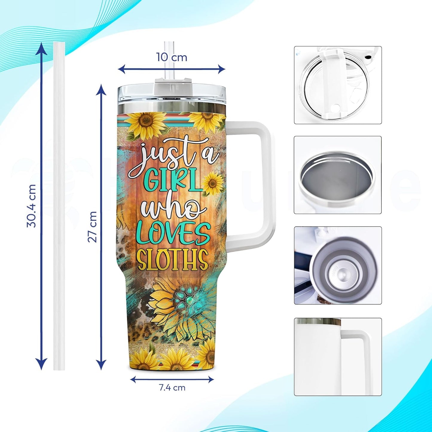 Sunflower Sloth Tumbler 40oz with Handle & Straw – Personalized Stainless Steel Insulated Travel Cup with Lid – Cute Gift for Sloth Lovers