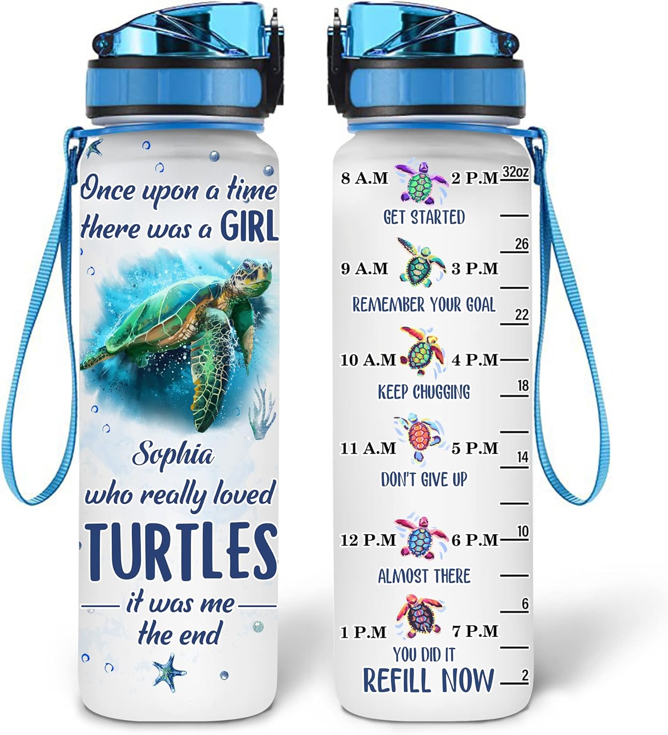 Turtle Lover Water Bottle Tracker 32oz – Personalized Motivational Bottle with Time Marker – Inspirational Gift for Women & Girls