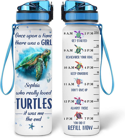 Turtle Lover Water Bottle Tracker 32oz – Personalized Motivational Bottle with Time Marker – Inspirational Gift for Women & Girls