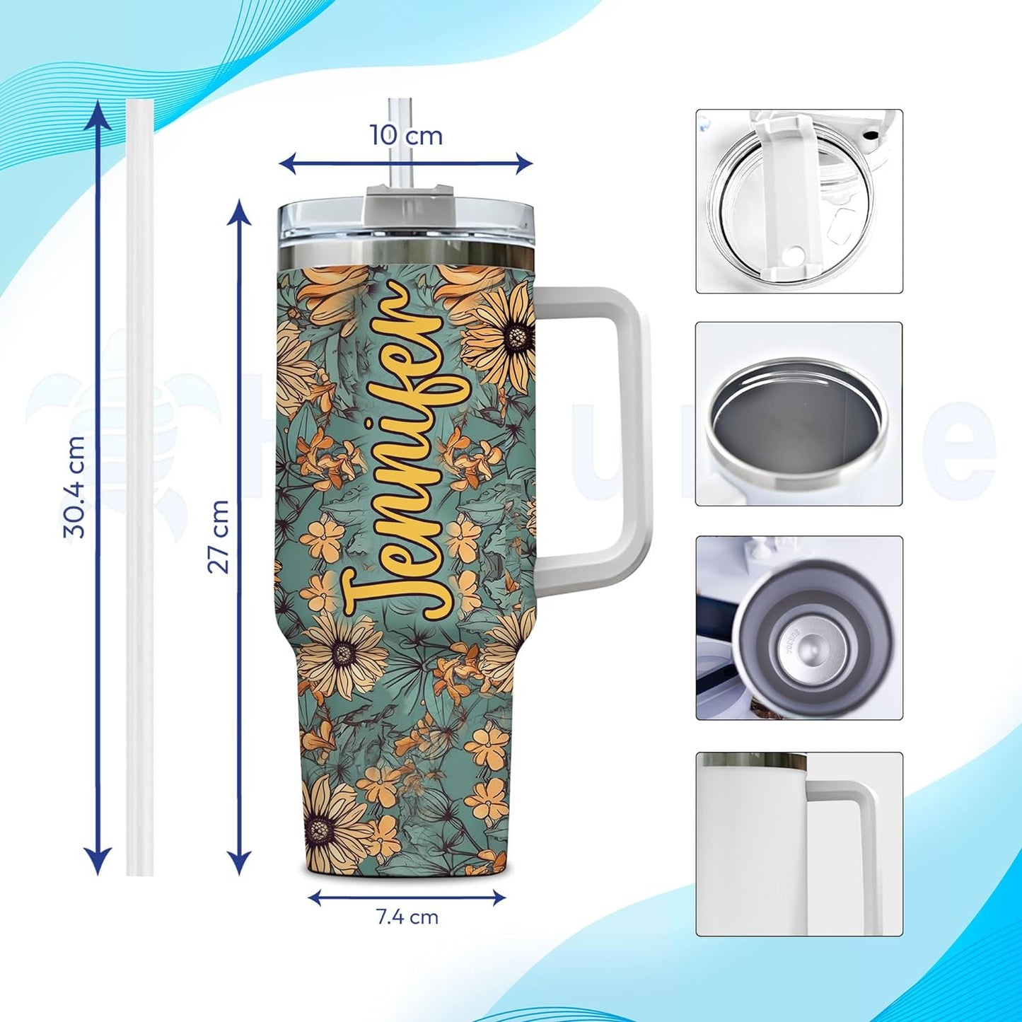 Floral Highland Cow Tumbler 40oz with Handle & Straw – Personalized Stainless Steel Travel Cup with Lid – Stylish Gift for Cow Lovers