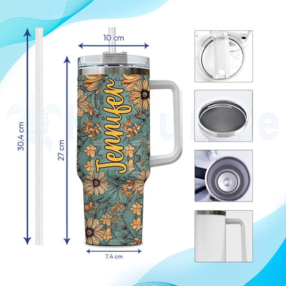 Floral Highland Cow Tumbler 40oz with Handle & Straw – Personalized Stainless Steel Travel Cup with Lid – Stylish Gift for Cow Lovers