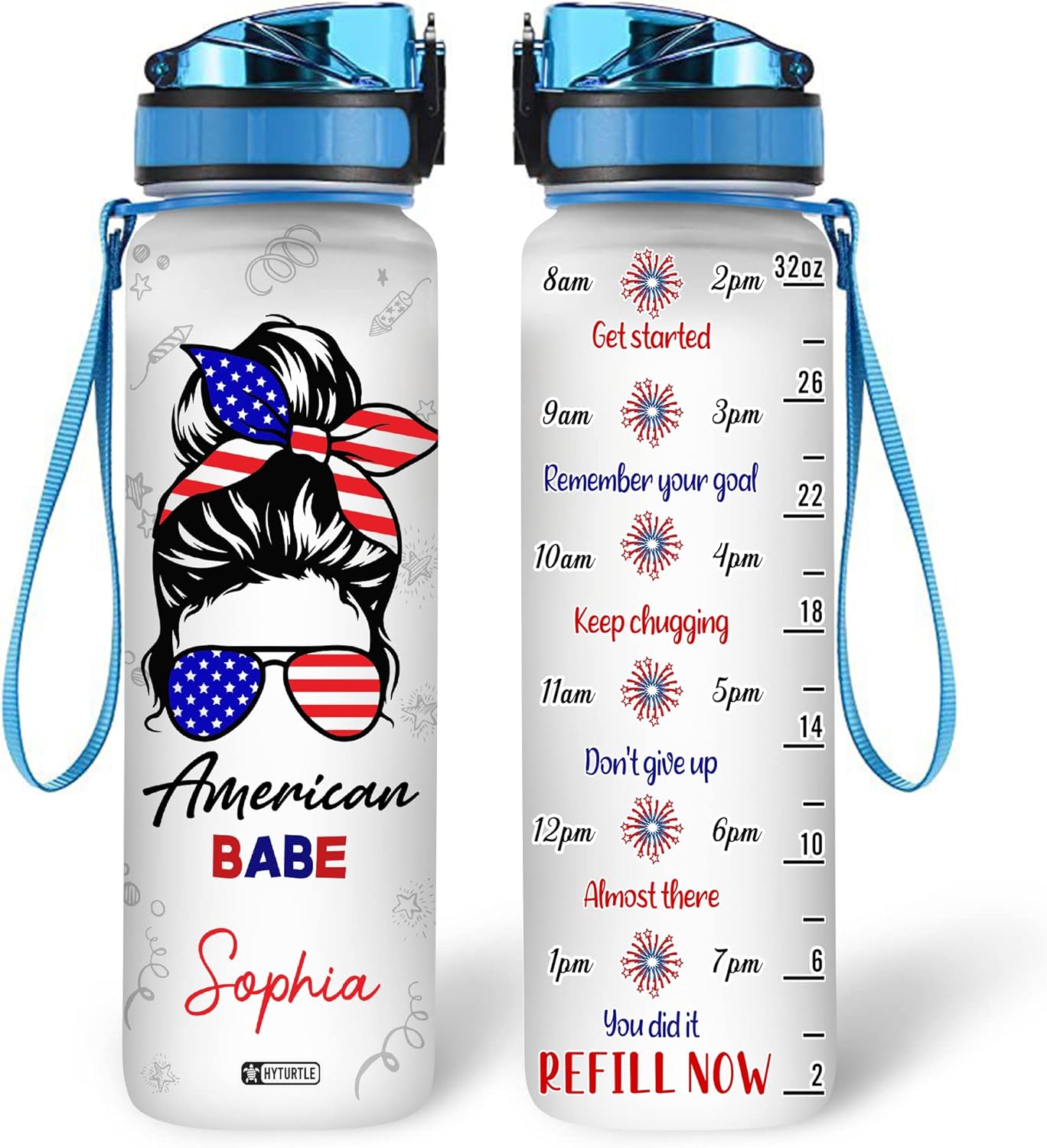 Bun Hair Girl American Flag - Personalized Water Tracker Bottle 32oz