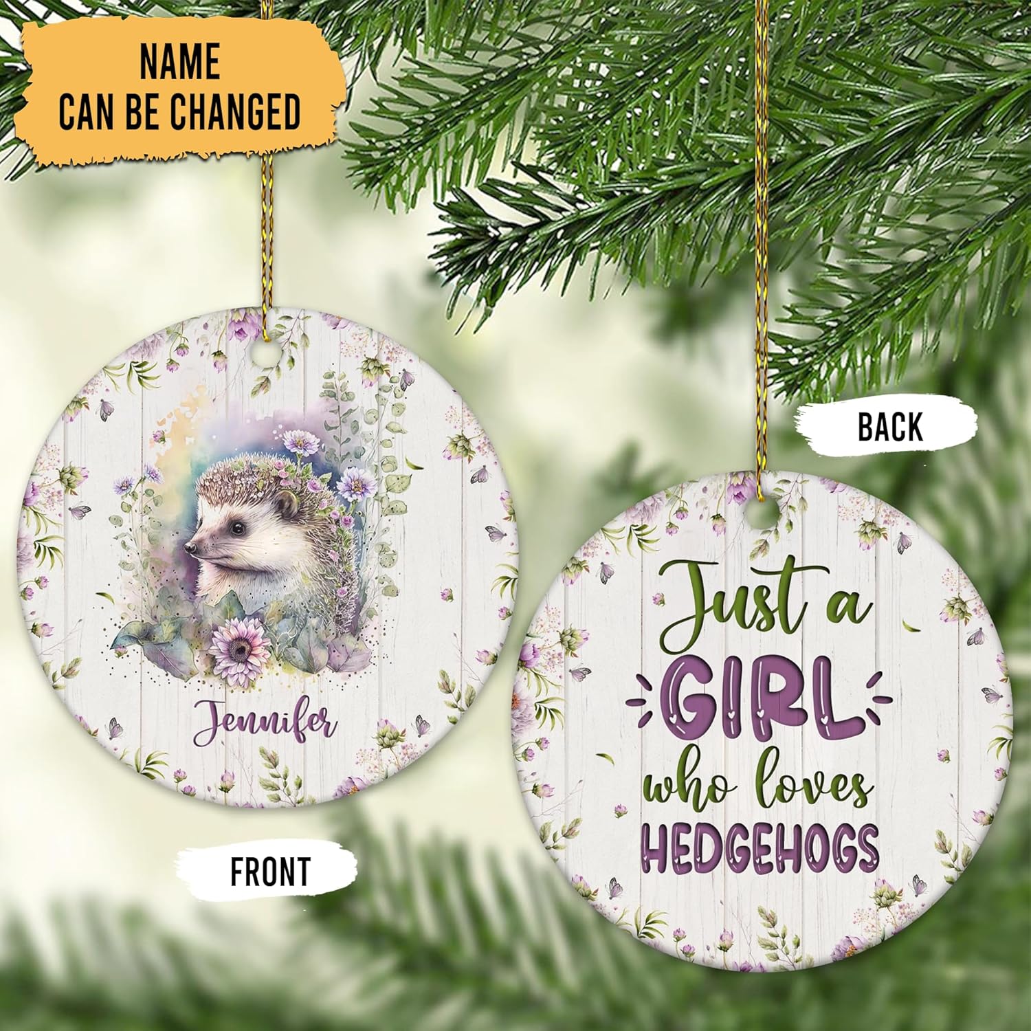 Hedgehog Ceramic Ornament  Personalized Holiday Keepsake with Custom Name  Cute Gift for Animal Lovers