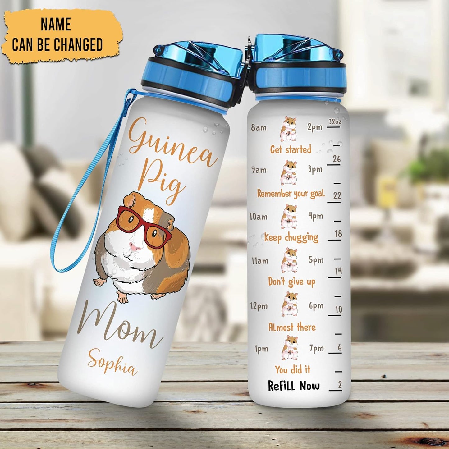 Guinea Pig Mom Water Bottle Tracker 32oz – Personalized Hydration Bottle with Time Marker – Cute Gift for Pet Lovers
