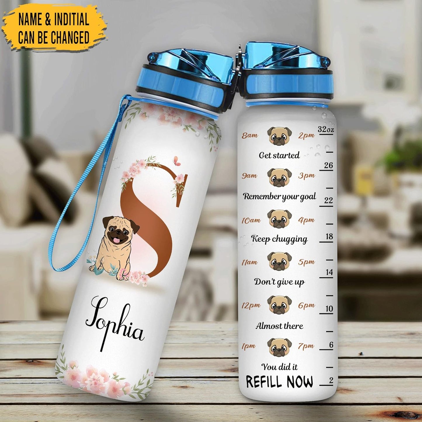 Cute Pug Lovers Water Bottle Tracker 32oz – Personalized Motivational Bottle with Time Marker – Fun Gift for Dog Owners