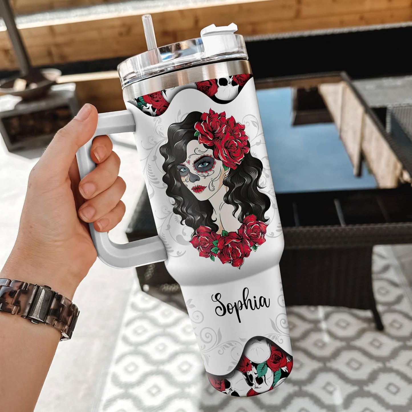 Sugar Skull Rose Tumbler 40oz with Handle & Straw – Personalized Stainless Steel Insulated Cup with Lid – Gothic Gift for Skull Lovers
