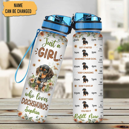 Dachshund Lovers Water Bottle Tracker 32oz Personalized – Cute Dog Motivational Bottle with Time Marker – Fun Gift for Pet Moms