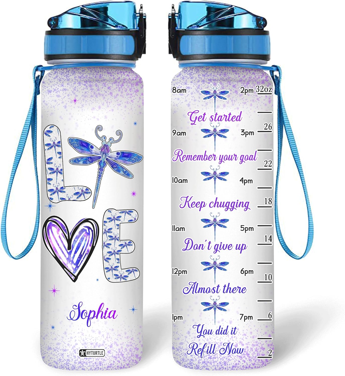 Love Purple Dragonfly - Personalized Water Tracker Bottle 32oz