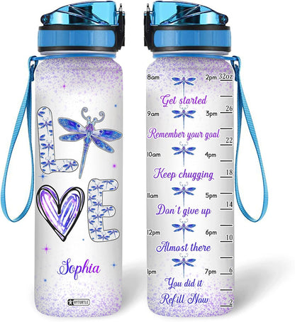 Love Purple Dragonfly - Personalized Water Tracker Bottle 32oz