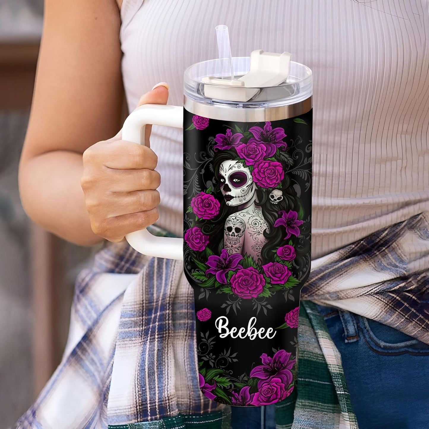 Gothic Sugar Skull Tumbler 40oz with Handle & Straw – Personalized Stainless Steel Insulated Travel Cup with Lid – Unique Gothic Gift for Women