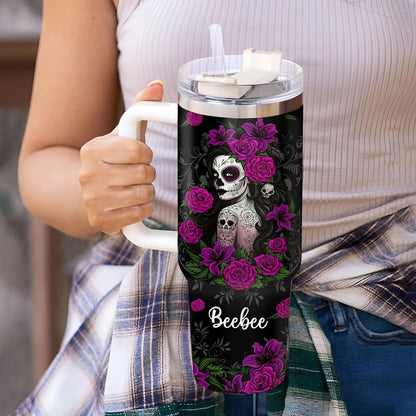 Gothic Sugar Skull Tumbler 40oz with Handle & Straw – Personalized Stainless Steel Insulated Travel Cup with Lid – Unique Gothic Gift for Women