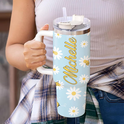 Bee & Daisy Tumbler 40oz with Handle & Straw – Personalized Stainless Steel Insulated Travel Cup with Lid – Cute Floral Gift for Nature Lovers