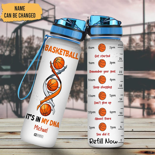 Basketball DNA Water Bottle Tracker 32oz – Personalized Motivational Sports Bottle with Time Marker – Gift for Basketball Lovers