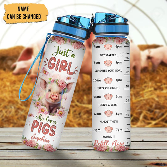 Cute Pig Lovers Water Bottle Tracker 32oz – Personalized Motivational Bottle with Time Marker – Fun Gift for Animal Lovers