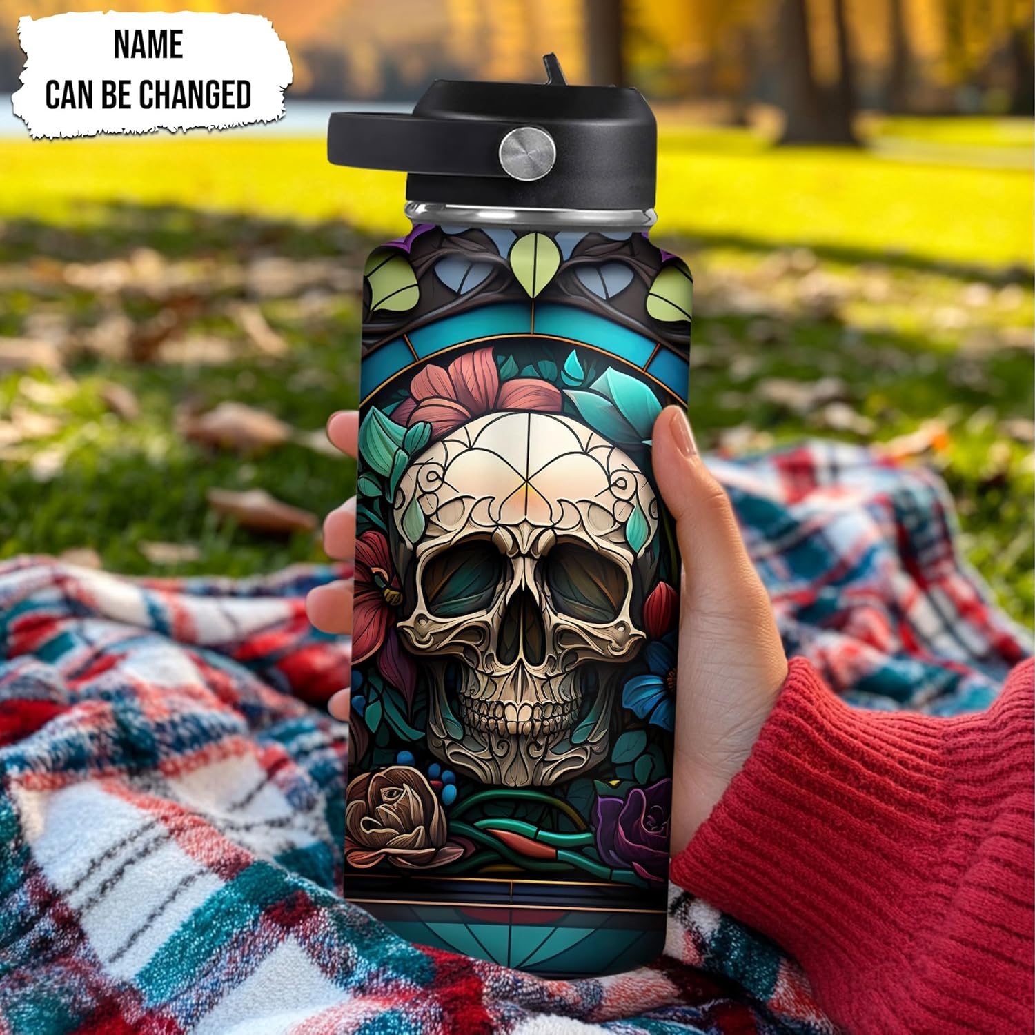 Skull Water Bottle 32oz – Insulated Stainless Steel Bottle with Leak-Proof Lid – Personalized Gothic Gift