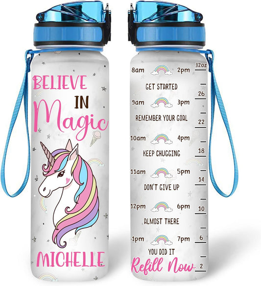 Believe in Magic Unicorn 32oz Water Bottle Tracker – Personalized Hydration Bottle with Time Marker – Whimsical Gift for Girls