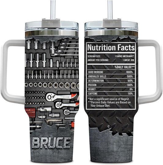 Mechanic Tools Nutrition Facts Tumbler 40oz with Handle & Straw – Personalized Stainless Steel Travel Cup with Lid – Practical Gift for Mechanics