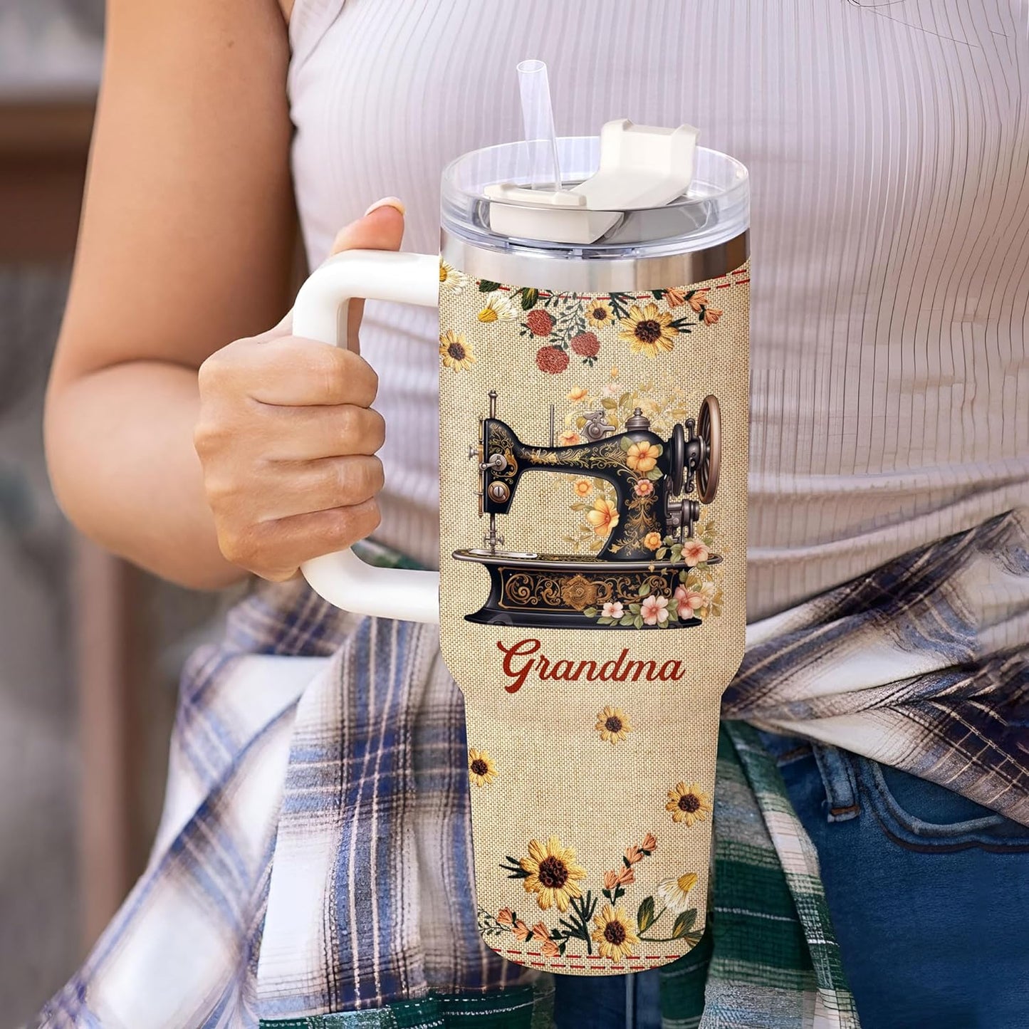 Quilting & Sewing Tumbler 40oz with Handle & Straw – Personalized Stainless Steel Insulated Travel Cup with Lid – Creative Gift for Quilters & Sewing Lovers