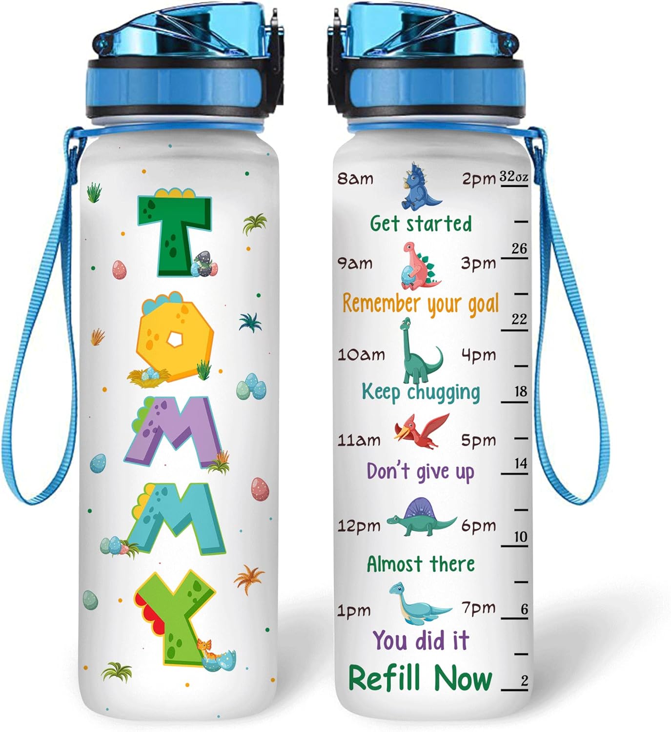 Cute Dinosaur Theme Water Bottle Tracker 32oz – Personalized Motivational Bottle with Time Marker – Fun Gift for Dino Lovers