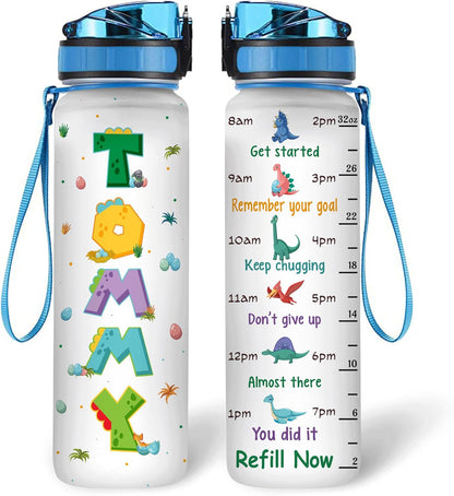 Cute Dinosaur Theme Water Bottle Tracker 32oz – Personalized Motivational Bottle with Time Marker – Fun Gift for Dino Lovers