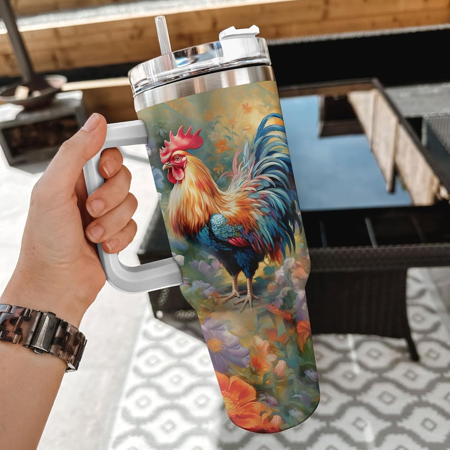 Colorful Rooster Tumbler 40oz – Personalized Stainless Steel Insulated Cup with Handle & Straw – Fun Gift for Chicken Lovers