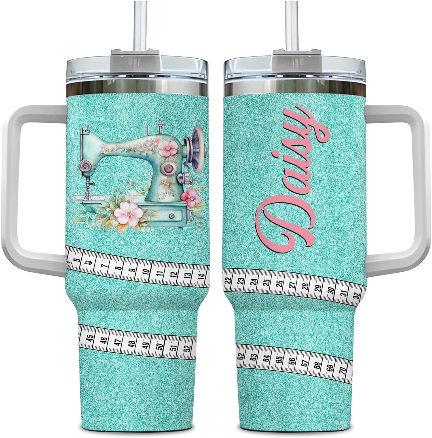 Teal Glitter Sewing Tumbler 40oz with Handle & Straw – Personalized Stainless Steel Insulated Travel Cup with Lid – Stylish Gift for Quilters & Crafters