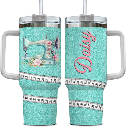 Teal Glitter Sewing Tumbler 40oz with Handle & Straw – Personalized Stainless Steel Insulated Travel Cup with Lid – Stylish Gift for Quilters & Crafters