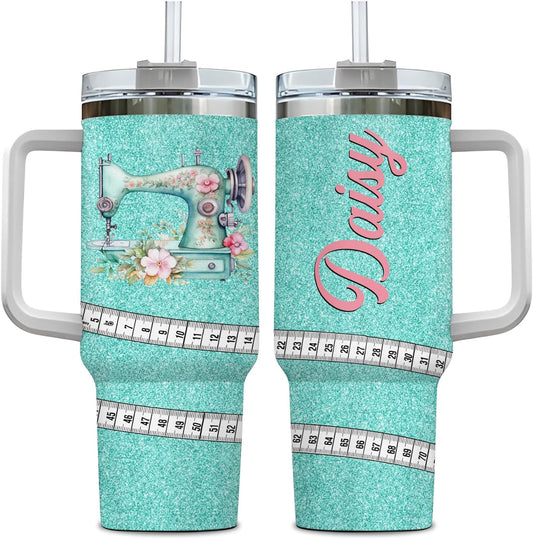 Teal Glitter Sewing Tumbler 40oz with Handle & Straw – Personalized Stainless Steel Insulated Travel Cup with Lid – Stylish Gift for Quilters & Crafters
