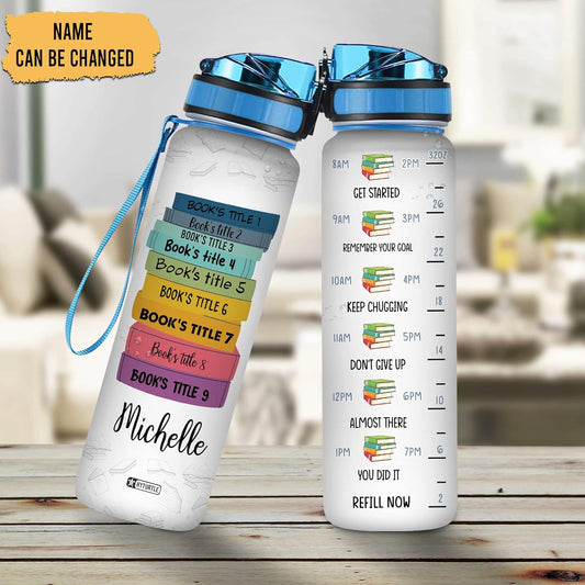 Book Lover Water Bottle Tracker 32oz – Personalized Motivational Hydration Bottle with Time Marker – Creative Gift for Readers