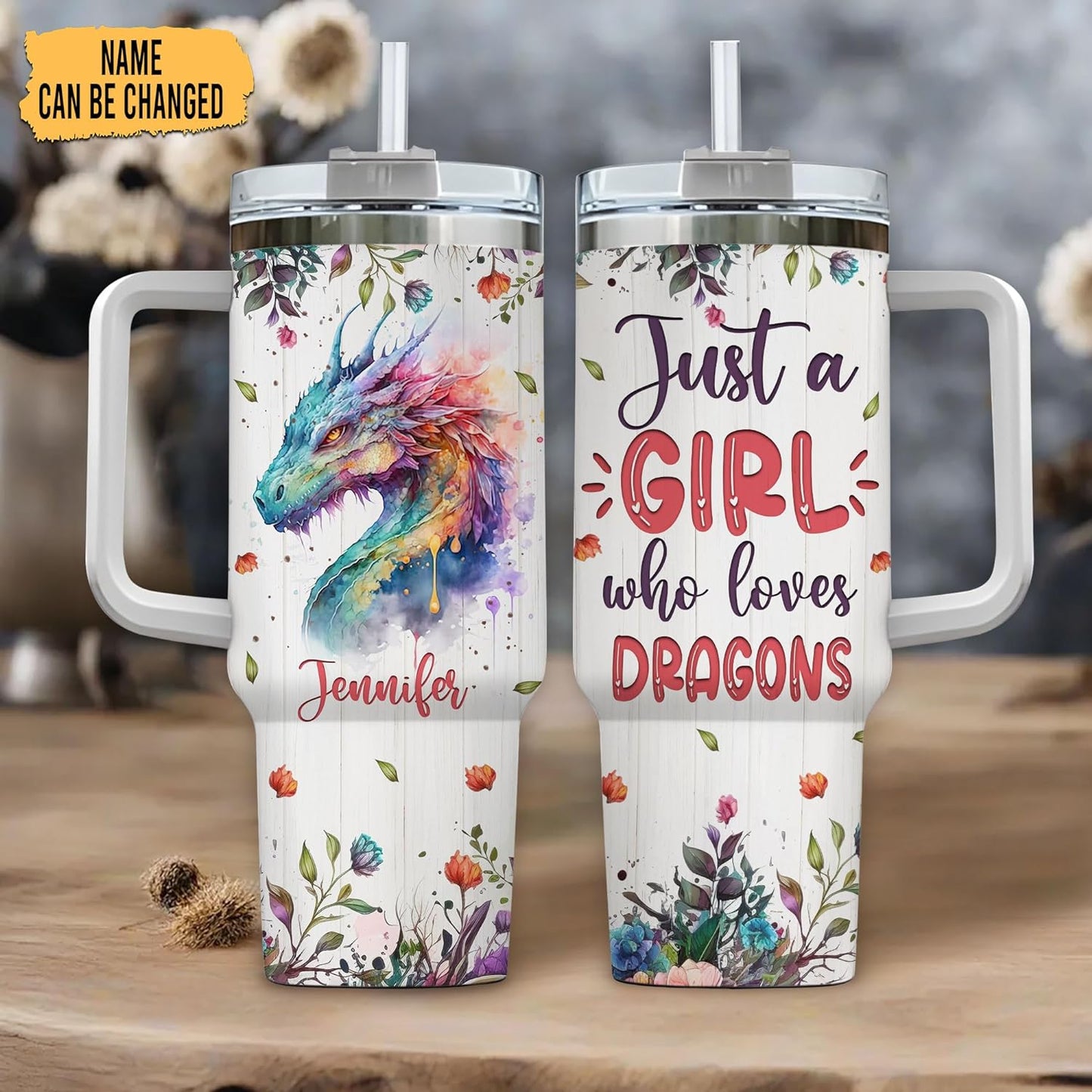 Watercolor Dragon Tumbler 40oz – Personalized Stainless Steel Insulated Cup with Handle & Straw – Unique Gift for Fantasy Lovers