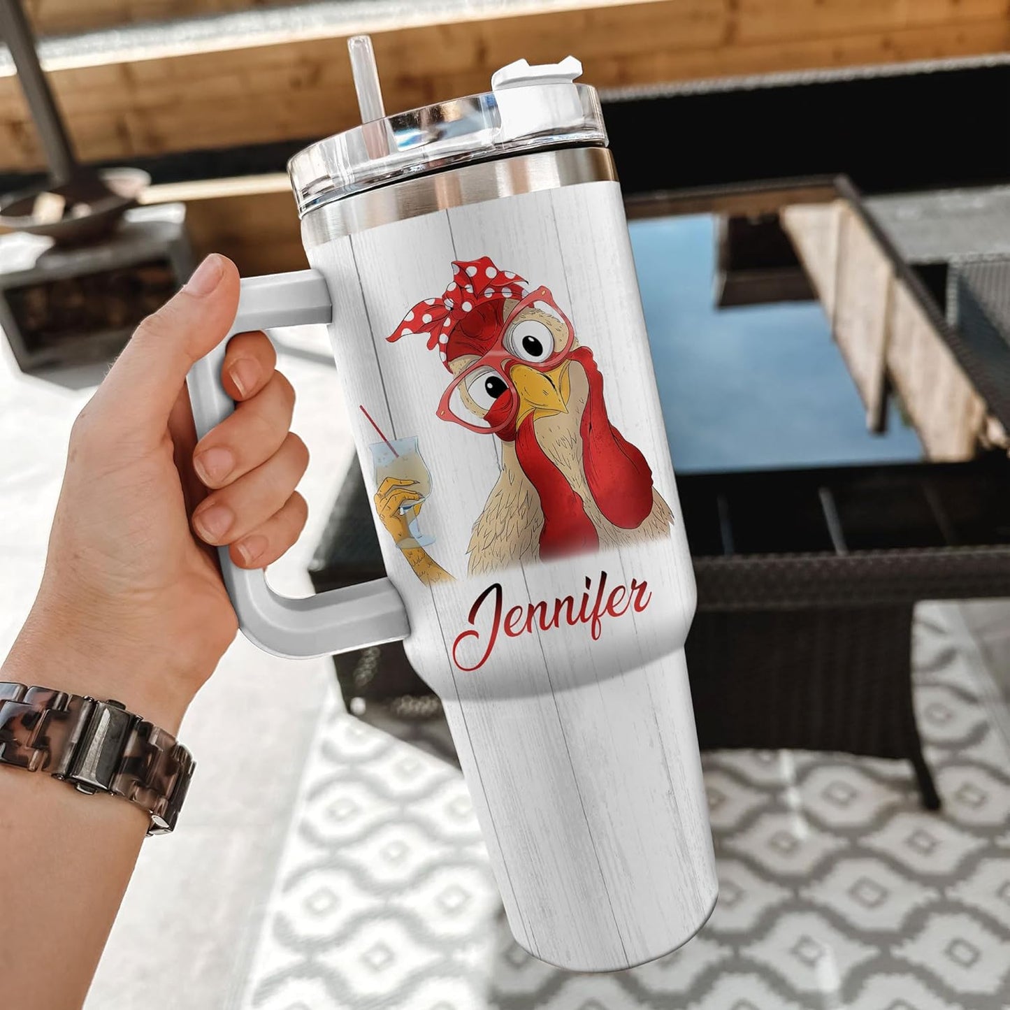 Funny Chicken Tumbler 40oz with Handle & Straw – Personalized Stainless Steel Insulated Travel Cup with Lid – Unique Farm Animal Gift for Women & Girls